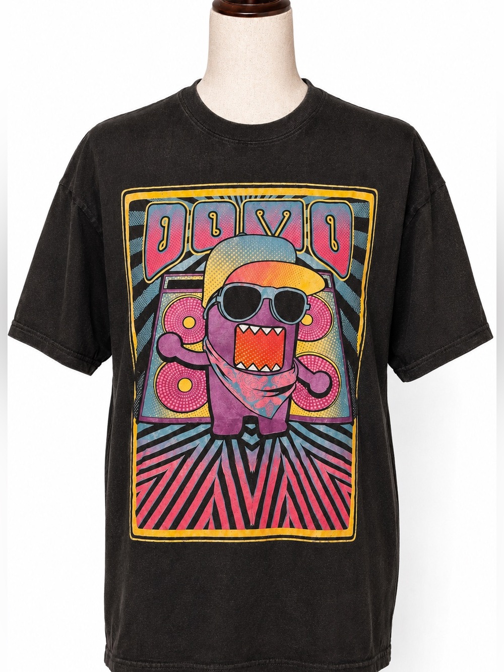2011 Domo Graphic Tee - Black with Neon Cartoon Print- L